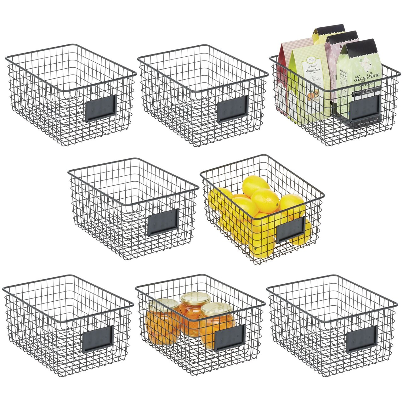 mDesign Metal Food Organizer Storage Basket with Lable Slot, 8 Pack